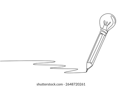 Single continuous line drawing a pencil with a bulb lamp tip. Write a creation to add creativity. Trying to sharpen logic. Smart. Genius. National Creativity Day. One line design vector illustration
