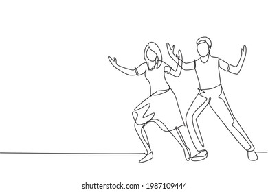 Single Continuous Line Drawing People Dancing Salsa. Couples, Man And Woman In Dance. Pairs Of Dancers With Waltz Tango And Salsa Styles Moves. Dynamic One Line Draw Graphic Design Vector Illustration