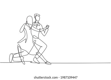 Una sola línea contínua dibujando a la gente bailando salsa. Parejas, hombre y mujer bailando. Pares de bailarines con estilos de tango vals y salsa. ilustración vectorial de diseño gráfico de una línea dinámica