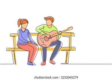 Single continuous line drawing people sitting on wooden bench in park. Couple on date, man playing music on guitar, girl listen and singing together. One line draw graphic design vector illustration