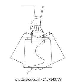 Single continuous line drawing people after shopping holding a bag. Business and finance concept design