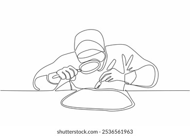 Single continuous line drawing people wearing full PPE checking some fairly large chunks of rock. Check the density of stone. Need important info. Geologists Day. One line design vector illustration