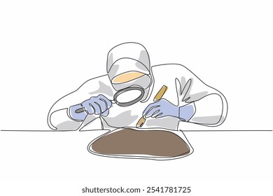 Single continuous line drawing people wearing full PPE checking some fairly large chunks of rock. Check the density of stone. Need important info. Geologists Day. One line design vector illustration