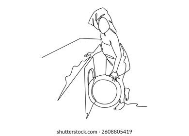 Single continuous line drawing of people are washing clothes. Morning activity minimalist concept. art line. Simple line
