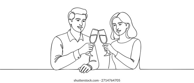 Un único dibujo de línea continua de personas criando copas de vino o champán. Ilustración vectorial.