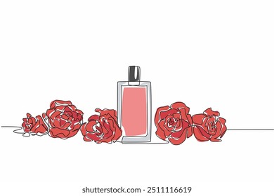 Single continuous line drawing perfume bottle surrounded by roses. Basenote derived from rose extract. Fresh and long lasting fragrance. National Fragrance Day. One line design vector illustration