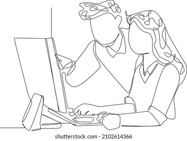Single continuous line drawing of a person discussing work together. Minimalism concept one line draw graphic design vector illustration.