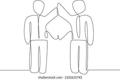 Single continuous line drawing of a person give high five gesture for success business achievement. Minimalism and Trendy teamwork concept one line draw graphic design vector illustration. 