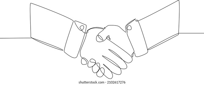 Single continuous line drawing, of a person is shake hands to celebrate his business success. Minimalism and Trendy teamwork concept one line draw graphic design vector illustration. 
