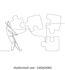 Single continuous line drawing, a person compose puzzles to solve problems. Minimalism and Trendy teamwork concept one line draw graphic design vector illustration. 