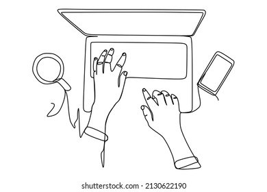 Single continuous line drawing of Person play or working with phone or smartphone and laptop. Modern simple line draw design. Vector illustration minimalism design smart mobile technology theme.