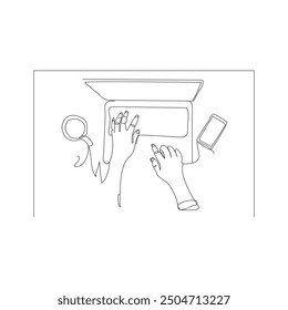 Single continuous line drawing of Person play or working with phone or smartphone and laptop. Single line closing the pin by hand. 