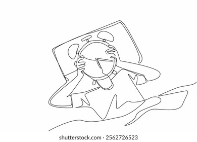 Single continuous line drawing person lying on bed holding alarm clock and covering his head. The organ of body systems work at certain hours. Biological Clock Day. One line design vector illustration