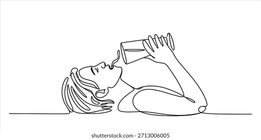 Un dibujo de línea continua de una persona hidratándose con un vaso de Vector de agua, ilustración