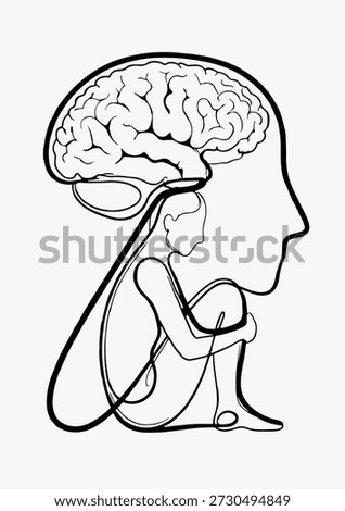 A single continuous line drawing. A person curled up inside. Brain profile. Mental health