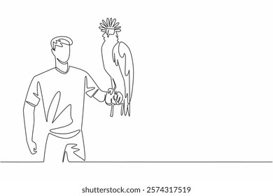 Single continuous line drawing Philippine eagle perched on hand of man. The world largest bird of prey nearly extinct. Endangered species. Claws. Man Holding Bird. One line design vector illustration