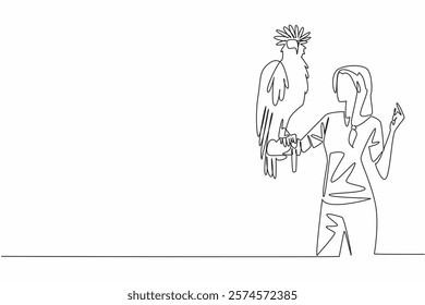 Single continuous line drawing Philippine eagle perched on hand of woman. Has pointed crown feathers known as crests. Has a large curved beak. Woman Holding Bird. One line design vector illustration