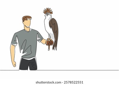 Single continuous line drawing Philippine eagle perched on hand of man. The world largest bird of prey nearly extinct. Endangered species. Claws. Man Holding Bird. One line design vector illustration