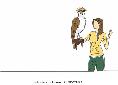 Single continuous line drawing Philippine eagle perched on hand of woman. Has pointed crown feathers known as crests. Has a large curved beak. Woman Holding Bird. One line design vector illustration