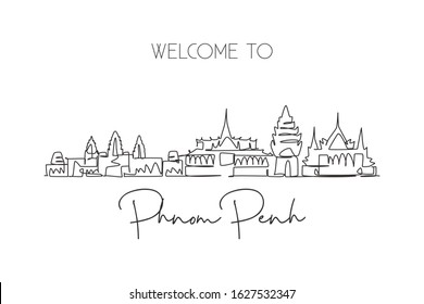 Single continuous line drawing of Phnom Penh city skyline, Cambodia. Famous city landscape. World travel concept home art wall decor poster print. Modern one line draw design vector illustration