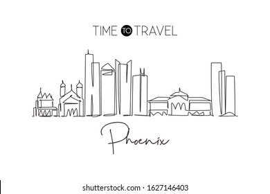 Single continuous line drawing of Phoenix city skyline, USA. Famous city scraper and landscape. World travel concept home decor wall art poster print. Modern one line draw design vector illustration