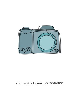 Single continuous line drawing photo camera icon. Photography and photo studio logo. Business sign, identity, label, badge and branding for business. One line draw graphic design vector illustration