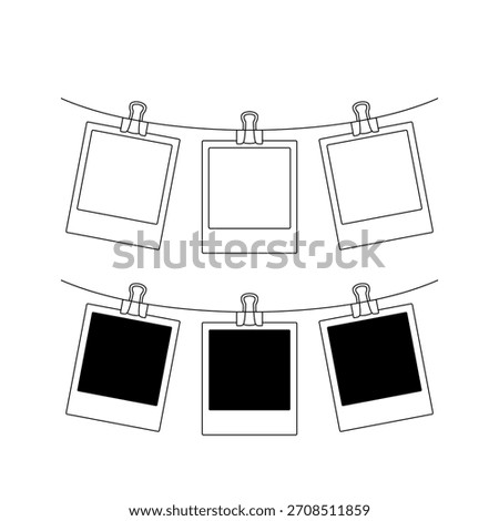 Single continuous line drawing of photographs hanging on a rope. Polaroid photo frames. Flat vector isolated on white background.