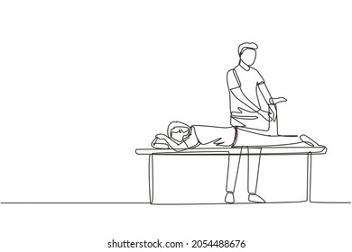 Single continuous line drawing physiotherapy rehabilitation assistance. Man patient lying on massage table therapist doing healing treatment massaging injured foot. One line draw graphic design vector