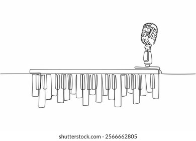 Single continuous line drawing piano keys and above it is a mic. An old school microphone that is very thick with jazz music. Performance. International Jazz Day. One line design vector illustration