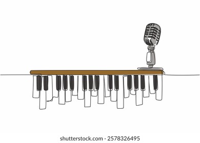 Single continuous line drawing piano keys and above it is a mic. An old school microphone that is very thick with jazz music. Performance. International Jazz Day. One line design vector illustration