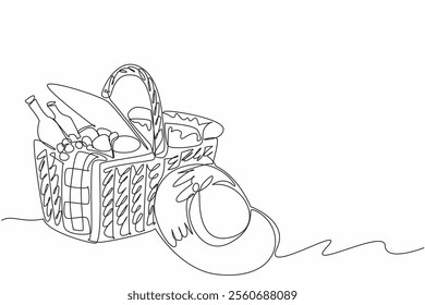 Single continuous line drawing picnic basket made of rattan filled with snacks, fruits. Thorough preparation makes the picnic more enjoyable. National Picnic Day. One line design vector illustration