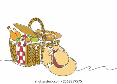 Single continuous line drawing picnic basket made of rattan filled with snacks, fruits. Thorough preparation makes the picnic more enjoyable. National Picnic Day. One line design vector illustration