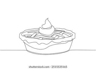 Single continuous line drawing pie with cream on top. Sweet and savory from whipped cream. Adds deliciousness when chewed in the mouth. Tasty. National Pie Day. One line design vector illustration