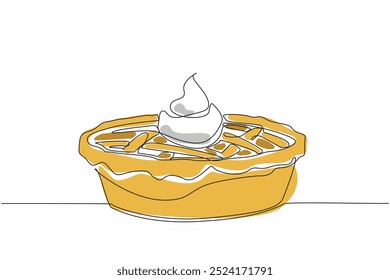 Single continuous line drawing pie with cream on top. Sweet and savory from whipped cream. Adds deliciousness when chewed in the mouth. Tasty. National Pie Day. One line design vector illustration