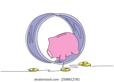 Single continuous line drawing piggy bank runs on the running wheel. The coins are scattered. Repetitive routine. Spending a lot of money. No calculations. Debt. One line design vector illustration