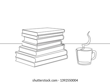 Single continuous line drawing of pile of books with a cup of hot black cappuccino coffee at public library. Book of educational concept. One line draw graphic design vector illustration