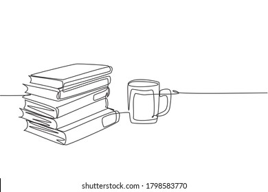 Single continuous line drawing pile books and cup hot black cappuccino coffee at public library  Book educational concept  One line draw design illustration