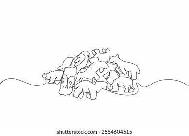 Single continuous line drawing a pile of animal crackers in various animal shapes. Attractive biscuits or cookies. Salty. Savory. National Animal Crackers Day. One line design vector illustration