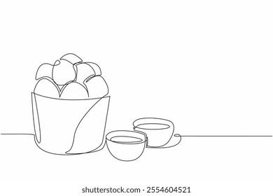 Single continuous line drawing pile of cheese balls in paper bucket. Bought to take home. More delicious with chili sauce and mayonnaise. National Cheese Ball Day. One line design vector illustration