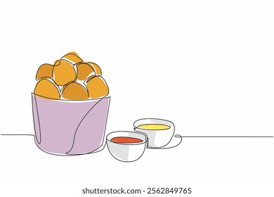 Single continuous line drawing pile of cheese balls in paper bucket. Bought to take home. More delicious with chili sauce and mayonnaise. National Cheese Ball Day. One line design vector illustration