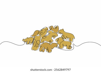 Single continuous line drawing a pile of animal crackers in various animal shapes. Attractive biscuits or cookies. Salty. Savory. National Animal Crackers Day. One line design vector illustration