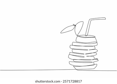 Single continuous line drawing pile of orange slices made in a zigzag pattern with straws. Very creative presentation. Enjoying oranges. National Orange Juice Day. One line design vector illustration