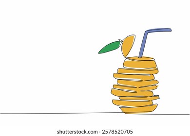 Single continuous line drawing pile of orange slices made in a zigzag pattern with straws. Very creative presentation. Enjoying oranges. National Orange Juice Day. One line design vector illustration