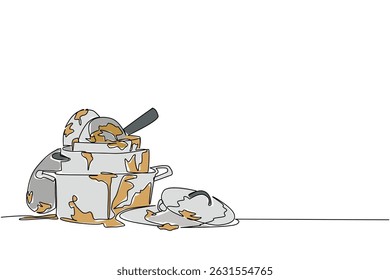 Single continuous line drawing pile of dirty pots and lids. Washing used eating utensils will take a lot of time. Germs. Dirty. Chore. National No Dirty Dishes Day. One line design vector illustration