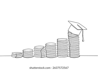 Single continuous line drawing pile of coins that getting higher and higher with graduation cap on highest pile. Higher education high cost. College Savings Day. One line design vector illustration