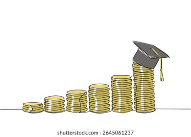 Single continuous line drawing pile of coins that getting higher and higher with graduation cap on highest pile. Higher education high cost. College Savings Day. One line design vector illustration