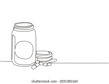 Single continuous line drawing pill bottle. Medical capsules container. Tablet pills medical drug pharmacy care and tablet pills antibiotic pharmaceutical. Dynamic one line draw graphic design vector