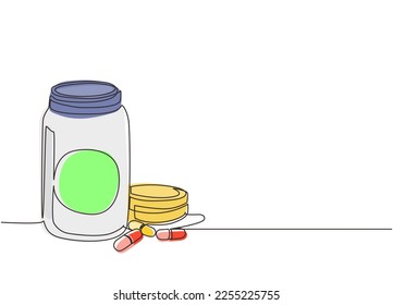 Single continuous line drawing pill bottle. Medical capsules container. Tablet pills medical drug pharmacy care and tablet pills antibiotic pharmaceutical. Dynamic one line draw graphic design vector