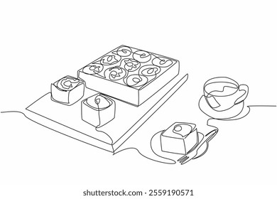 Single continuous line drawing pineapple upside-down cake in square shape on a square wooden cutting board. Aesthetics in presentation. Pineapple Upside-Down Cake. One line design vector illustration