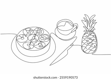 Single continuous line drawing pineapple upside-down cake in round shape on a plate. Complete dessert in a classic restaurant. Calming. Pineapple Upside-Down Cake. One line design vector illustration